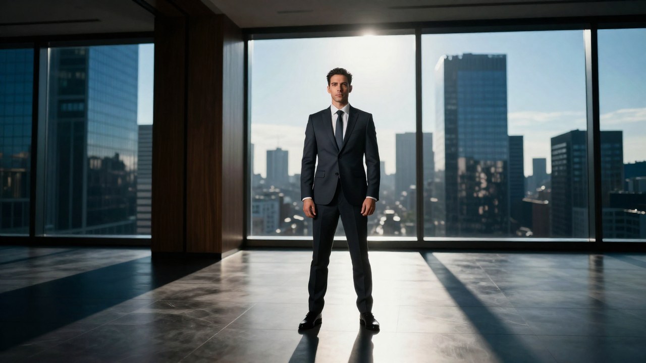 Un profesional en traje se encuentra de pie en una moderna oficina con vista panorámica de la ciudad.