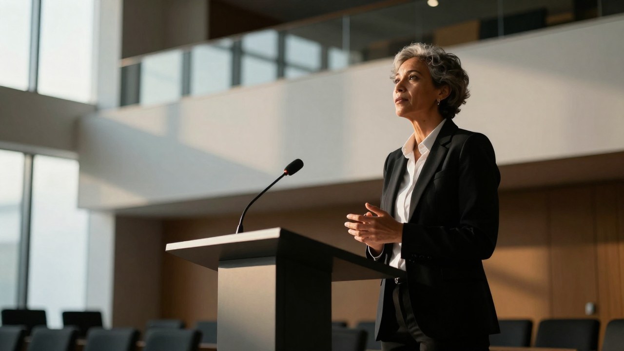 Figura profesional de pie en un podio, dando una presentación en un moderno salón de arquitectura.
