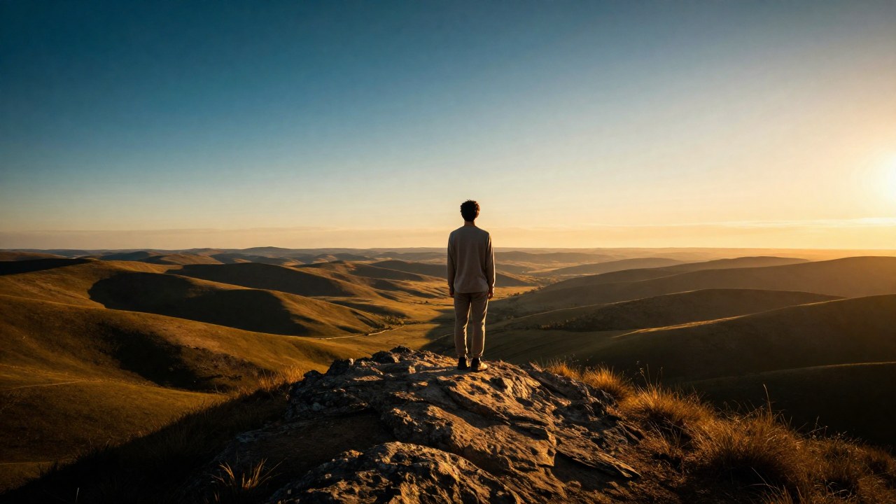 Figura de espaldas en una cresta mirando un vasto valle al atardecer.