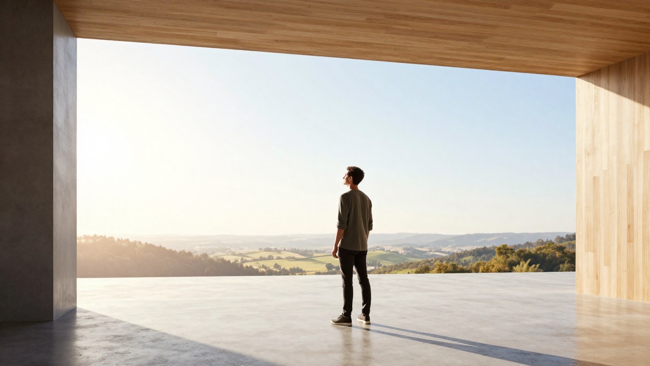 Persona en un espacio arquitectónico moderno, mirando un vasto paisaje soleado desde un punto elevado.
