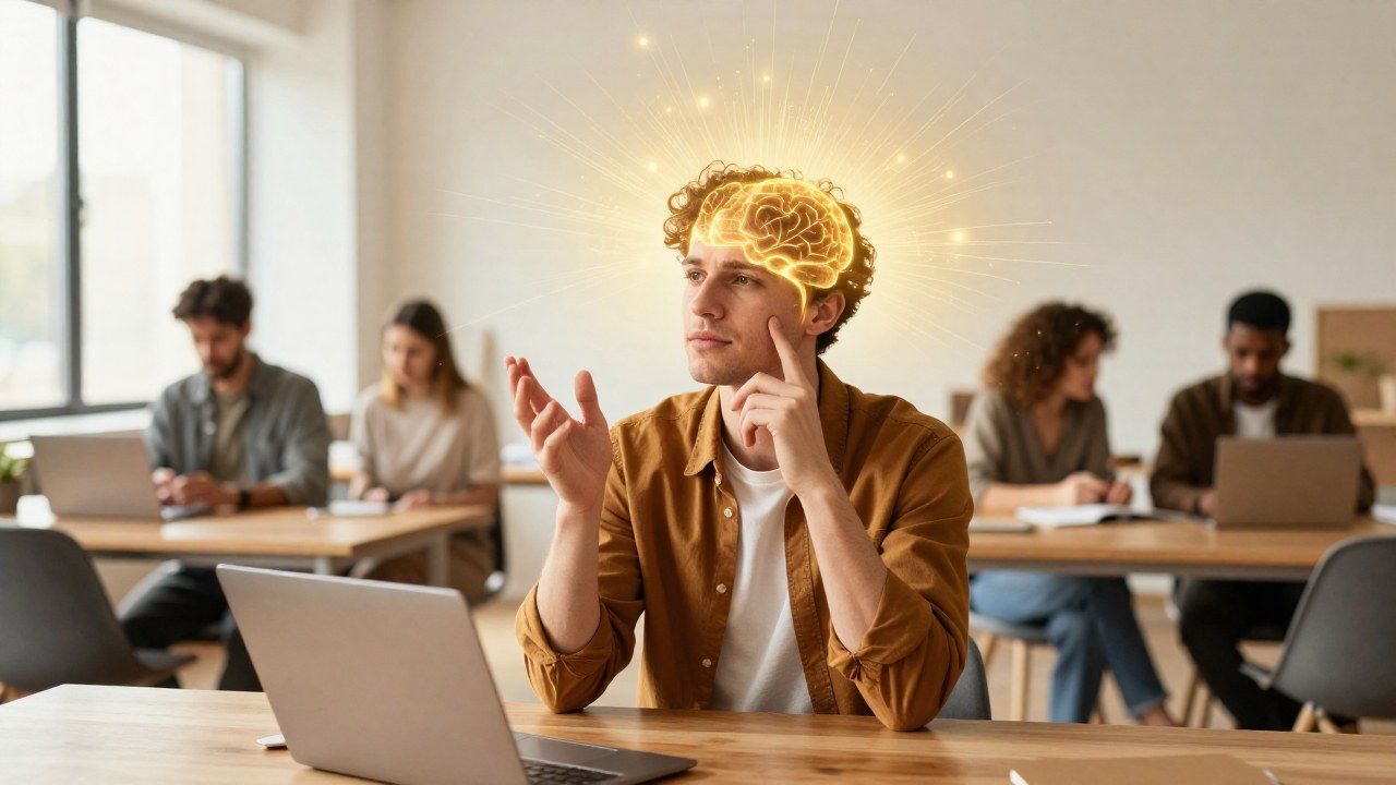 Individuo pensativo en un escritorio moderno, con líneas de energía brillante emanando de su cabeza y manos.