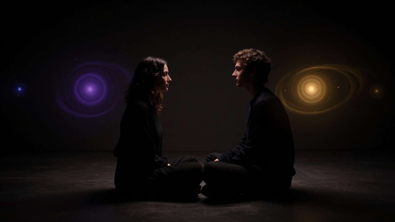 Pareja íntima rodeada de energía cósmica que simboliza la dinámica de su conexión y vínculo.