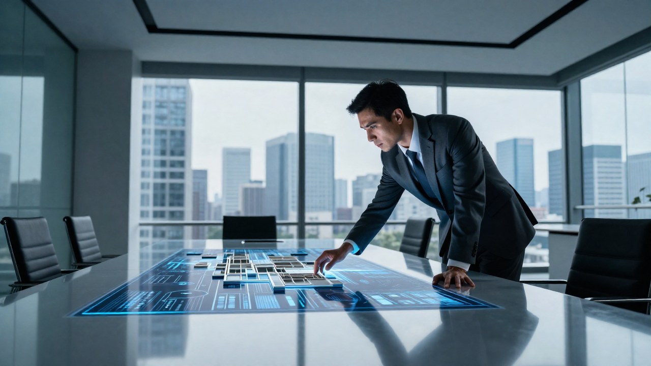 Un profesional enfocado revisa un modelo de datos abstracto en una moderna oficina con vista panorámica a la ciudad.