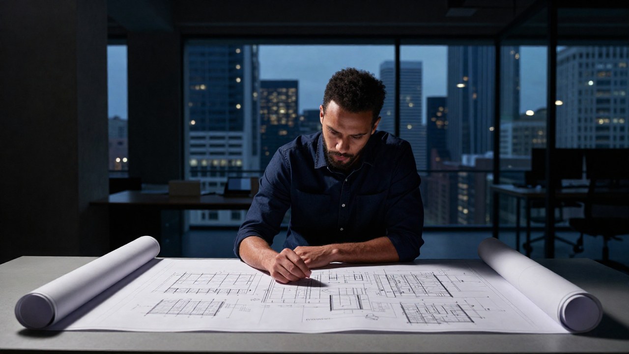 Arquitecto o diseñador revisa planos técnicos detallados en un estudio moderno con vista a la ciudad.