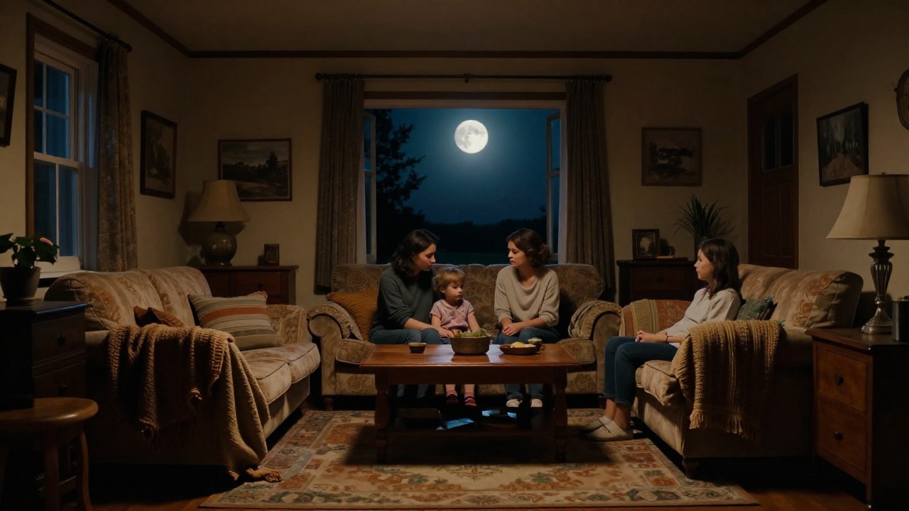 Unidad familiar o figura solitaria sentada en una acogedora sala de estar iluminada por la luz de la luna.