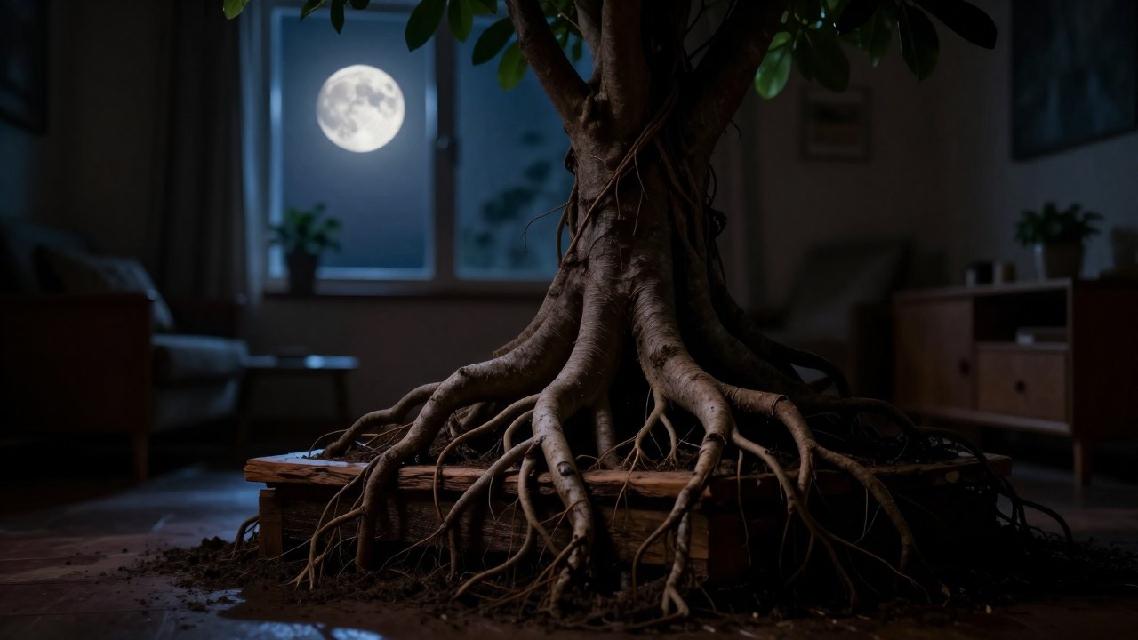 Raíces de una planta en el interior se integran con la estructura de la casa, simbolizando la estabilidad emocional profunda.