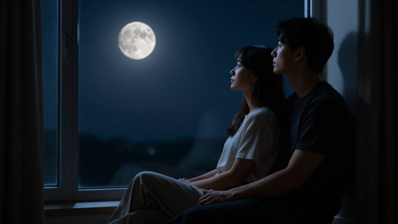 Una pareja contempla la noche bajo la luz de la luna llena desde una ventana.