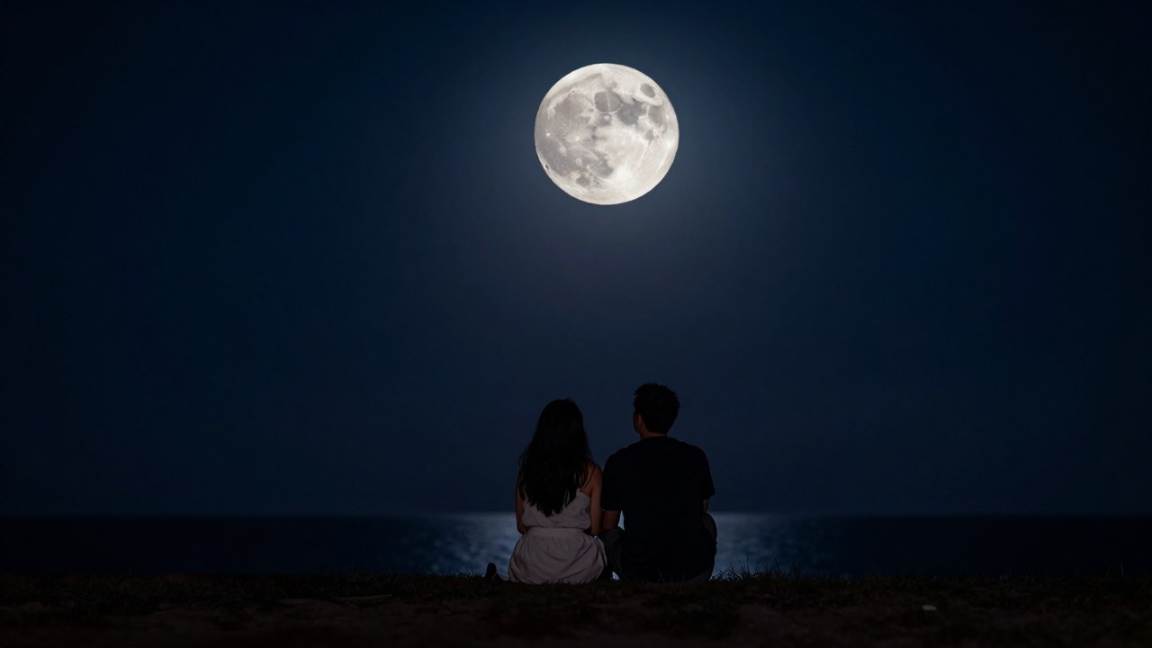 Una pareja observando el cielo nocturno iluminado por la luna, simbolizando su conexión íntima.