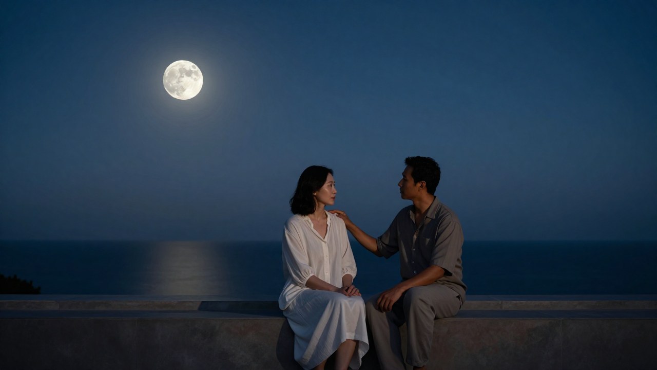 Dos personas al aire libre bajo la luz de la luna, mostrando una postura de conexión y apoyo mutuo.
