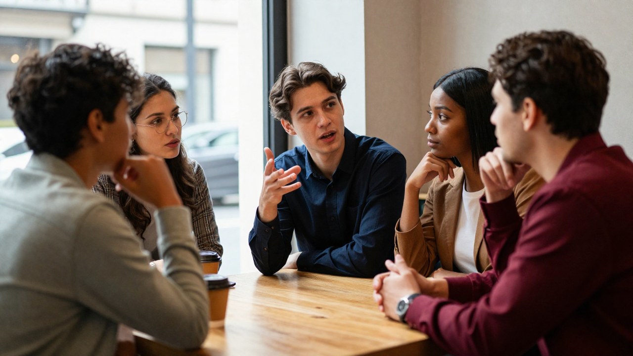 Un grupo diverso de personas interactúa dinámicamente en una cafetería urbana, intercambiando ideas y opiniones.