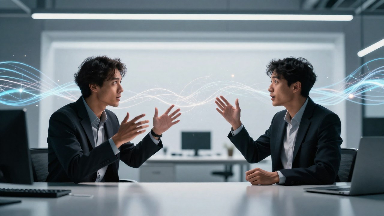 Dos figuras en un espacio moderno intercambian ideas, visualizado por flujos de datos conectados.