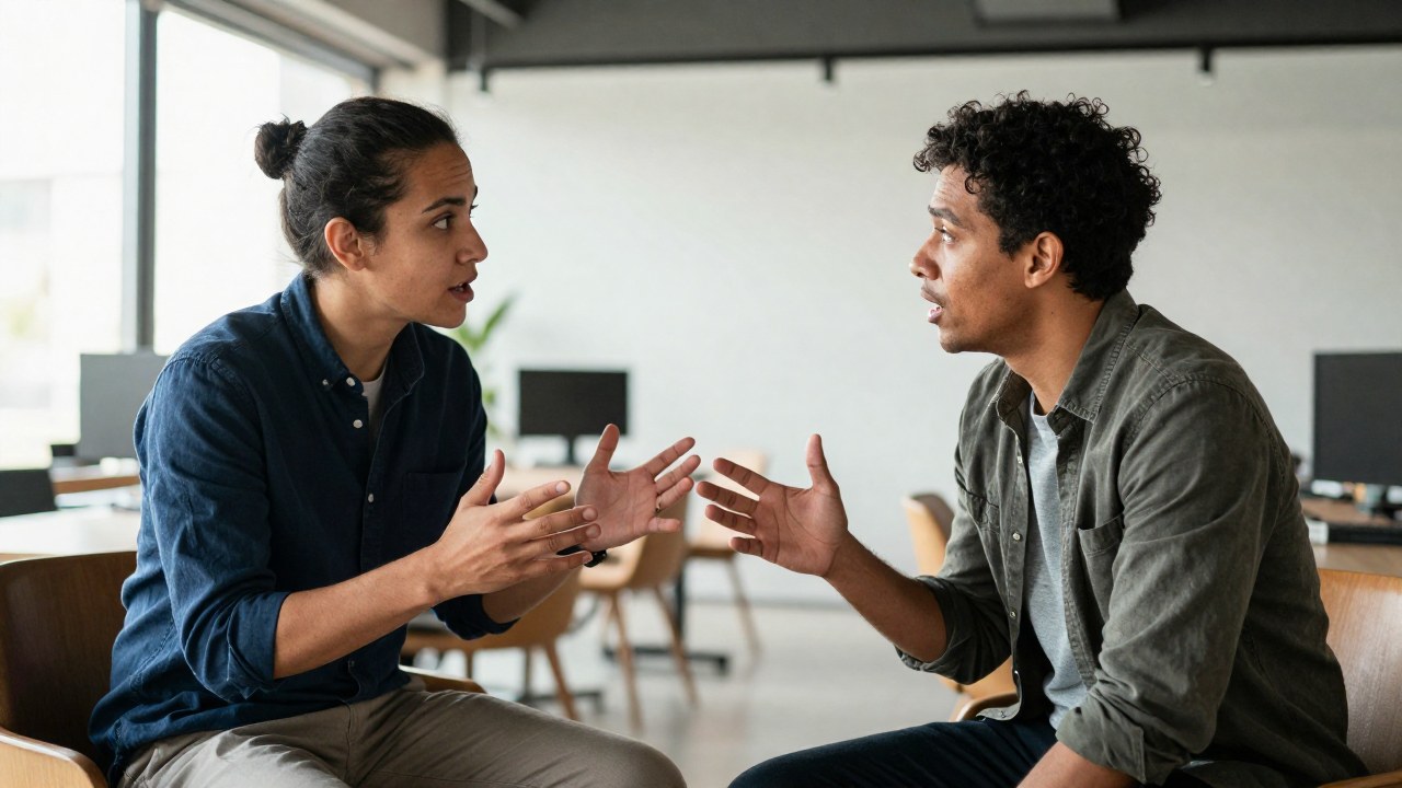 Dos profesionales conversan en un espacio de coworking, uno gesticula animadamente y el otro escucha con atención.