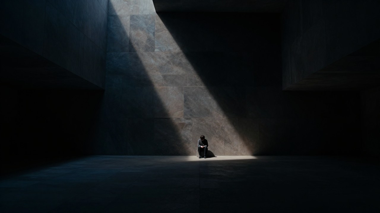 Una figura solitaria se sienta en una vasta y oscura cámara arquitectónica minimalista de piedra.