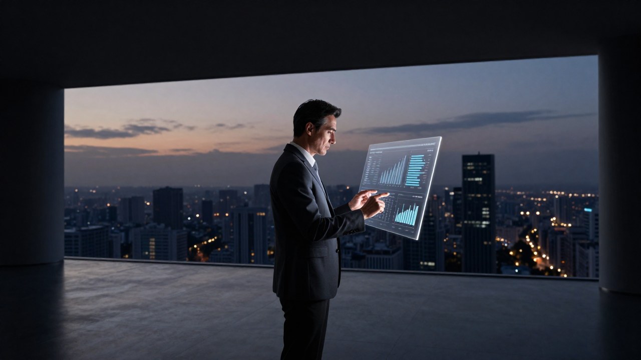 Profesional de negocios revisa datos complejos en una pantalla frente a un paisaje urbano al atardecer.