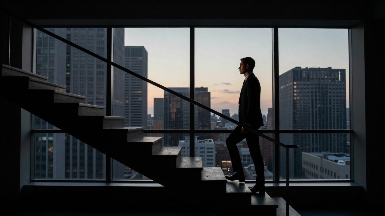 Profesional de negocios en una ventana, mirando un complejo paisaje urbano desde un entorno corporativo.