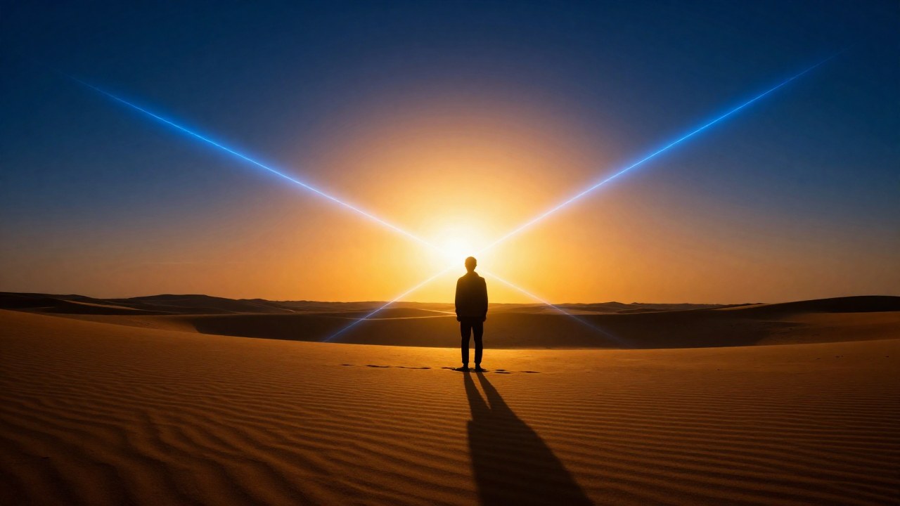 Una figura solitaria observa el sol en un desierto, rodeada de patrones de energía geométrica azul y naranja.