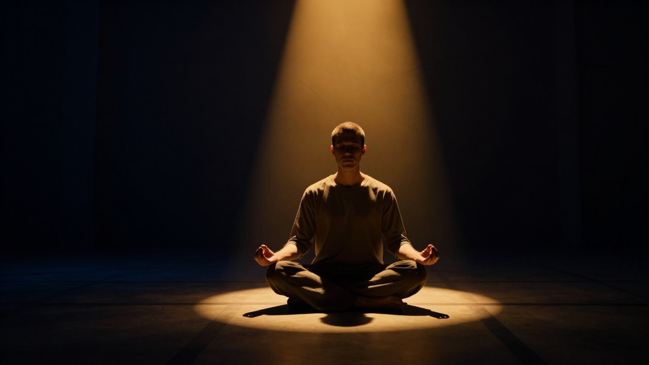 Figura contemplativa en un espacio con líneas geométricas, iluminada por un rayo de luz dorada.