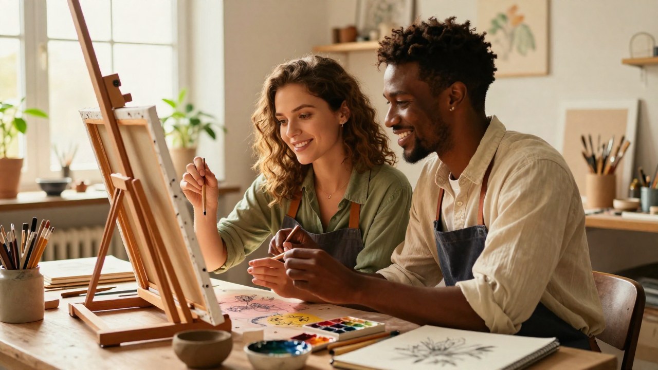 Una pareja diversa trabaja colaborativamente en un proyecto creativo dentro de un luminoso atelier.