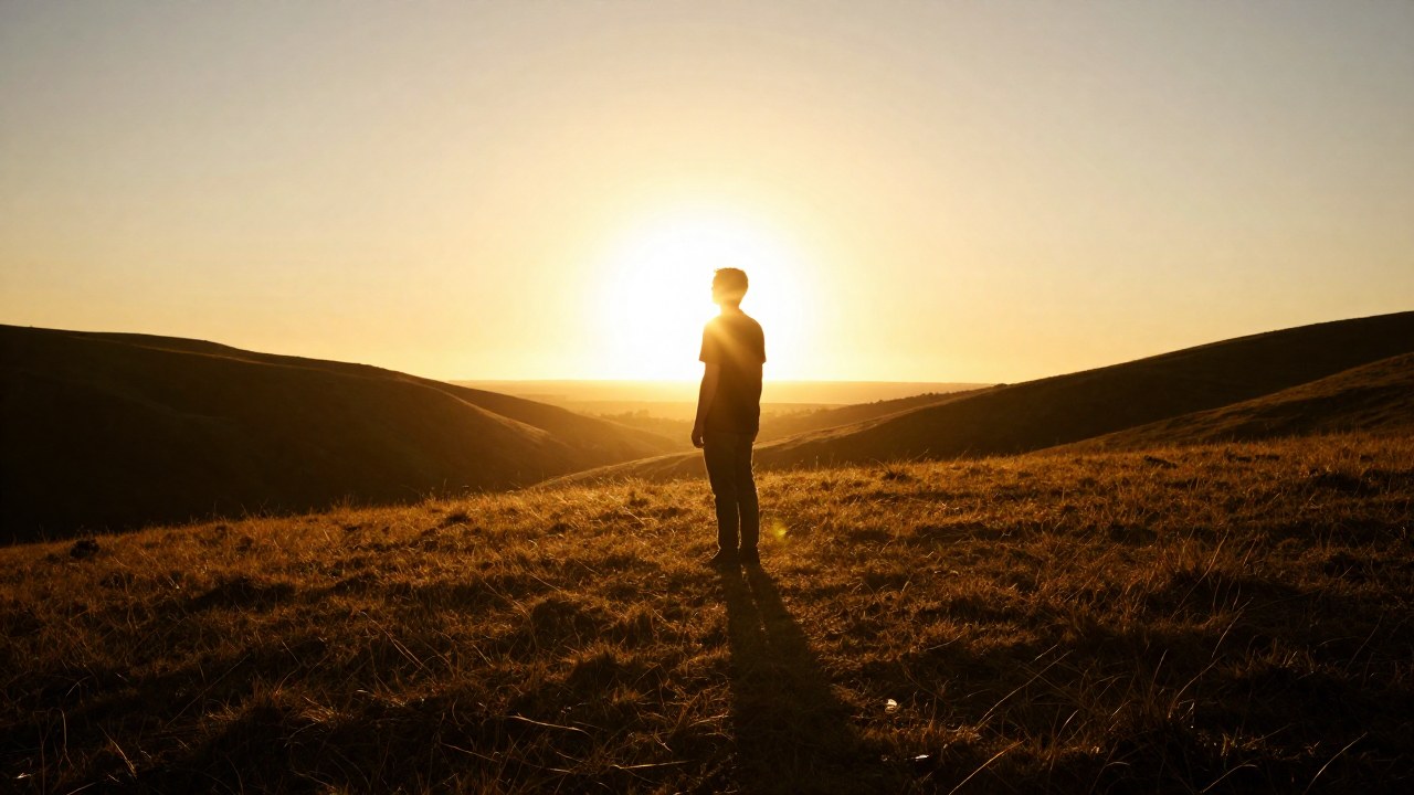 Figura solitaria en paisaje soleado bajo intensa luz dorada, representando la influencia solar en la identidad.