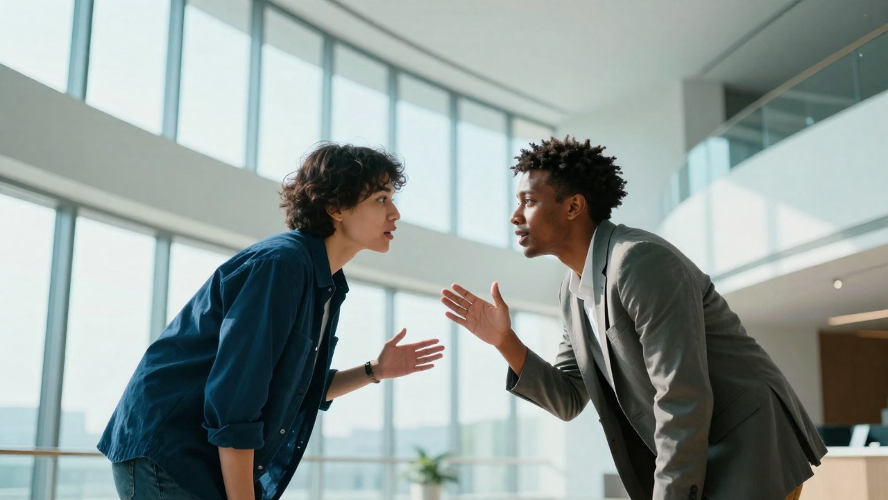 Dos individuos conversan en un amplio y luminoso espacio arquitectónico moderno.
