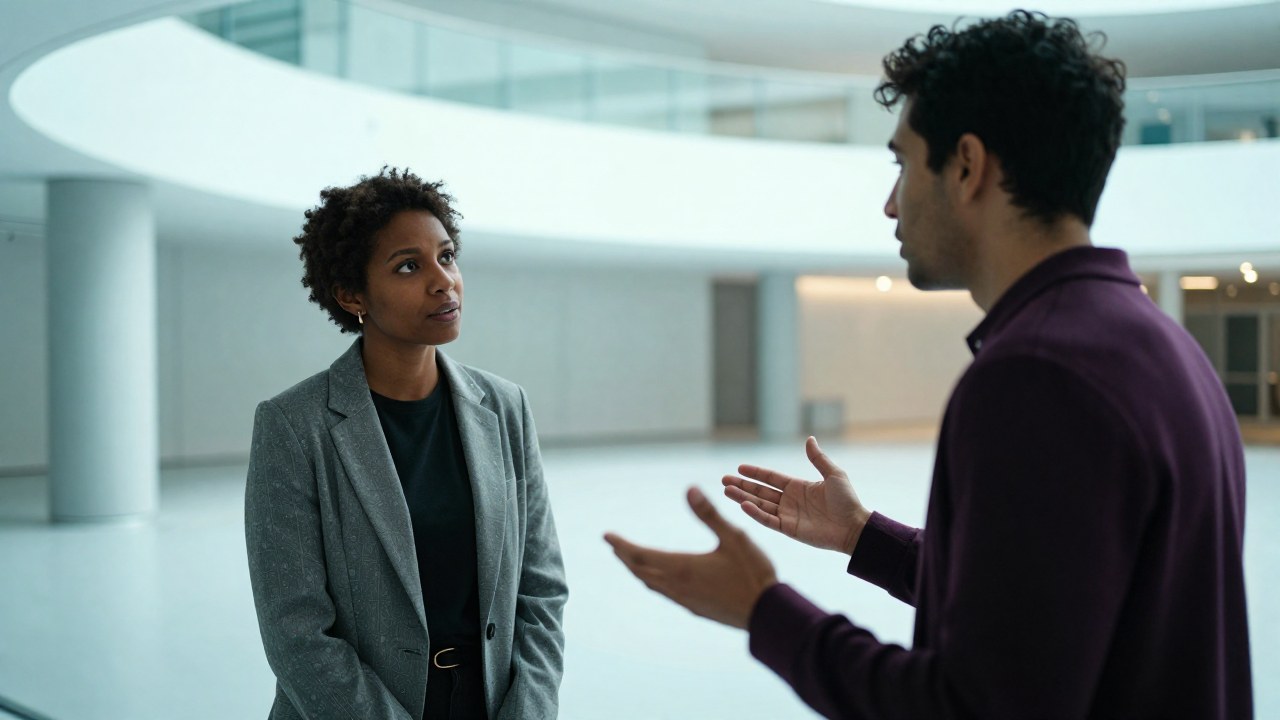 Dos personas diversas dialogan profundamente en un espacio arquitectónico minimalista, simbolizando ideas compartidas.