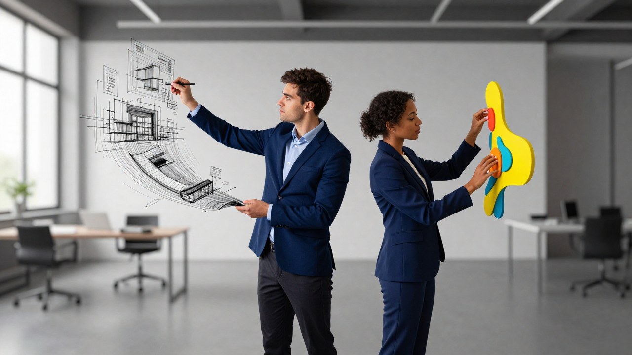 Individuo profesional que combina la ejecución lógica con la comunicación creativa en un estudio.
