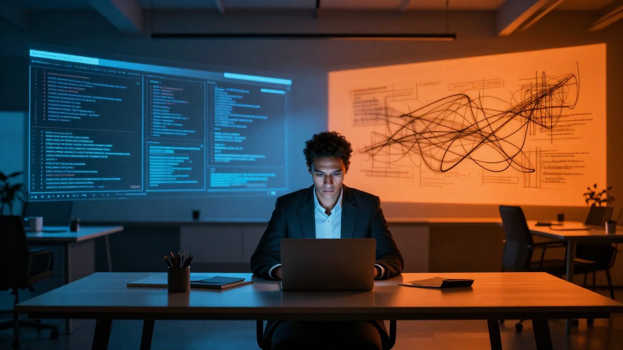 Profesional concentrado en su escritorio, representando la dualidad entre datos lógicos y bocetos creativos.