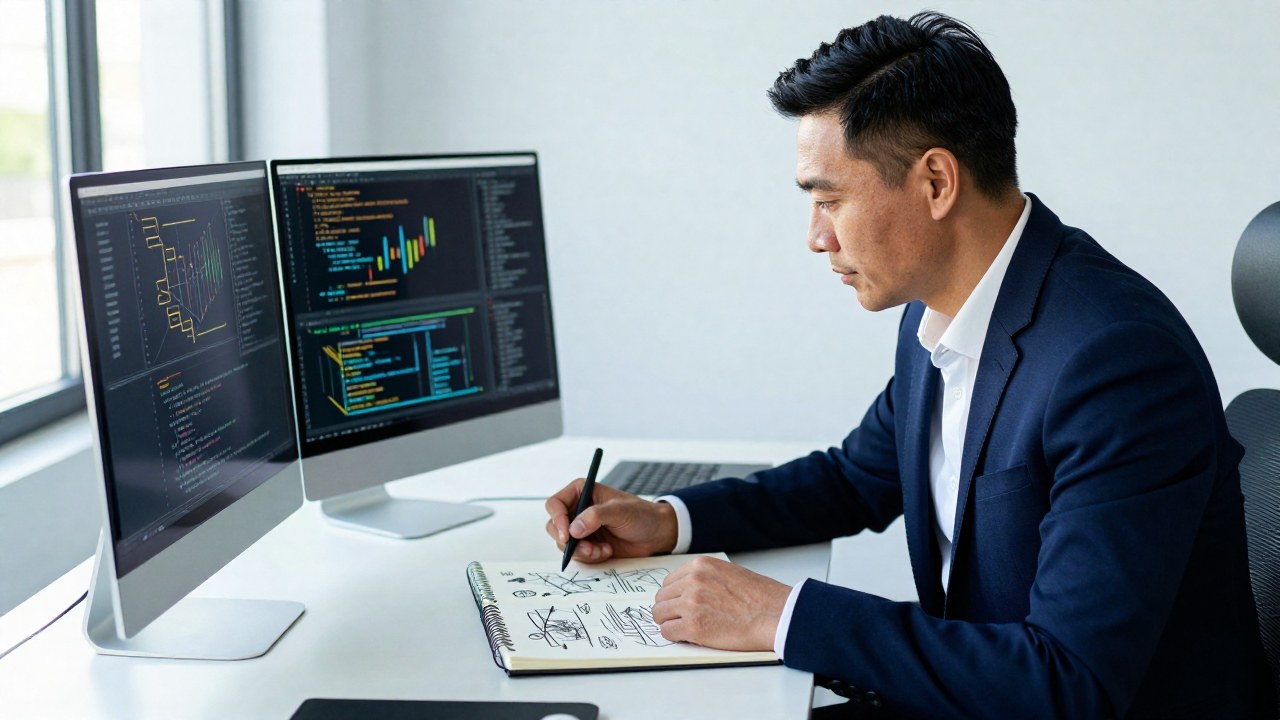 Un profesional trabaja simultáneamente en un monitor de datos y haciendo bocetos creativos en un cuaderno.