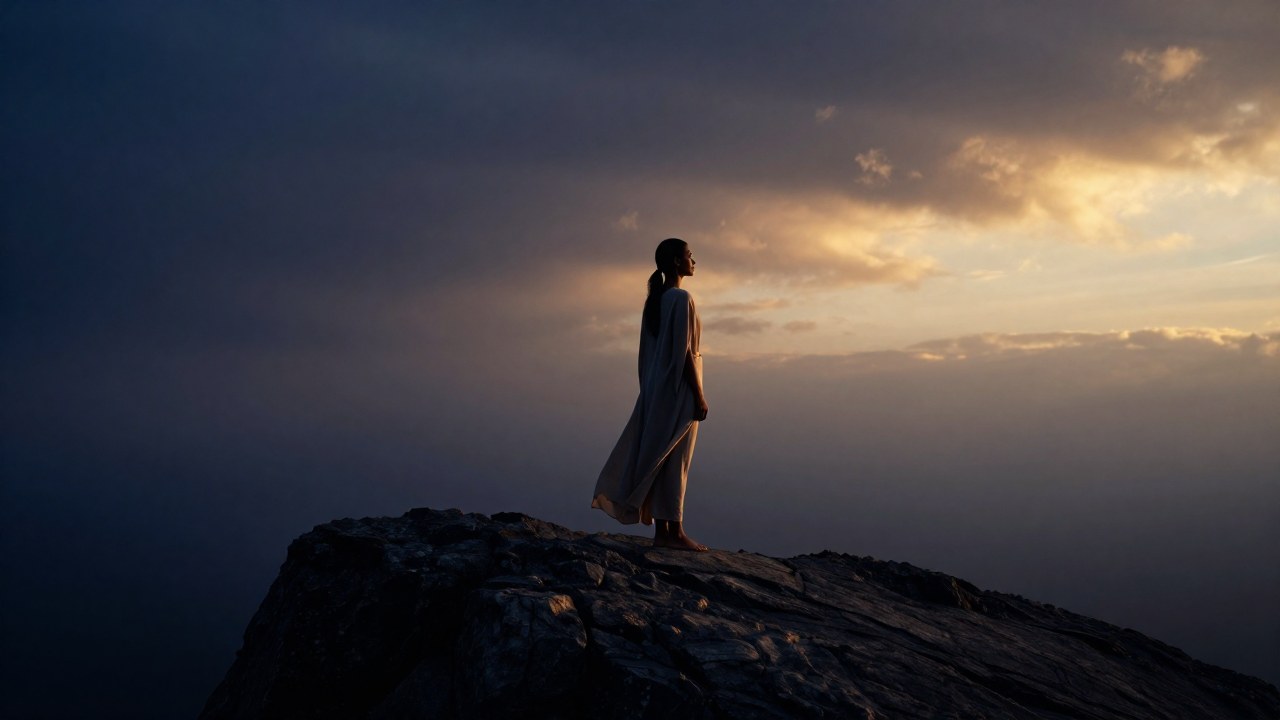 Una figura de pie en un peñasco rocoso al atardecer, mirando el vasto y atmosférico horizonte.