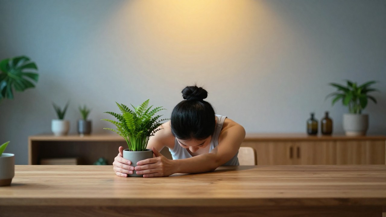 Persona realizando una actividad de rutina consciente en un entorno minimalista y natural con plantas.