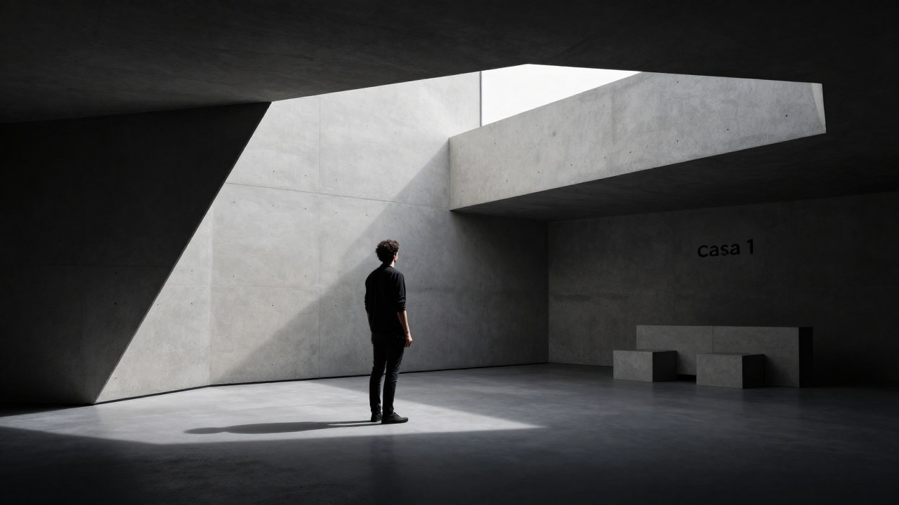 Una figura de espaldas en un espacio arquitectónico minimalista con líneas geométricas de concreto.