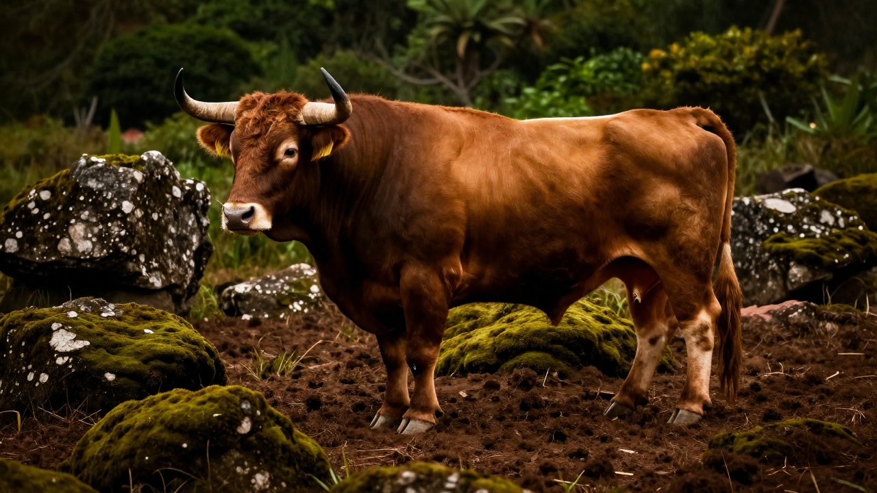Toro robusto de pie en un paisaje de tierra fértil, musgo y piedras antiguas.