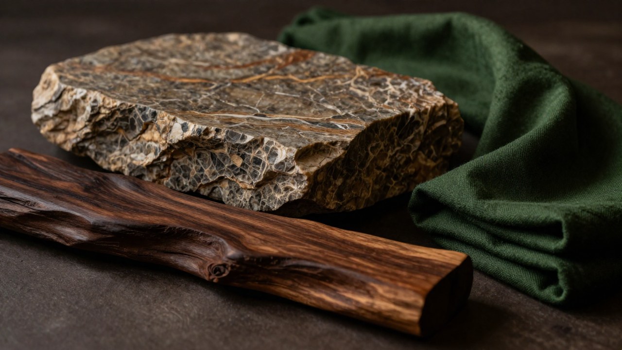Composición de piedra veteada, madera oscura y textil verde sobre una superficie terrosa.