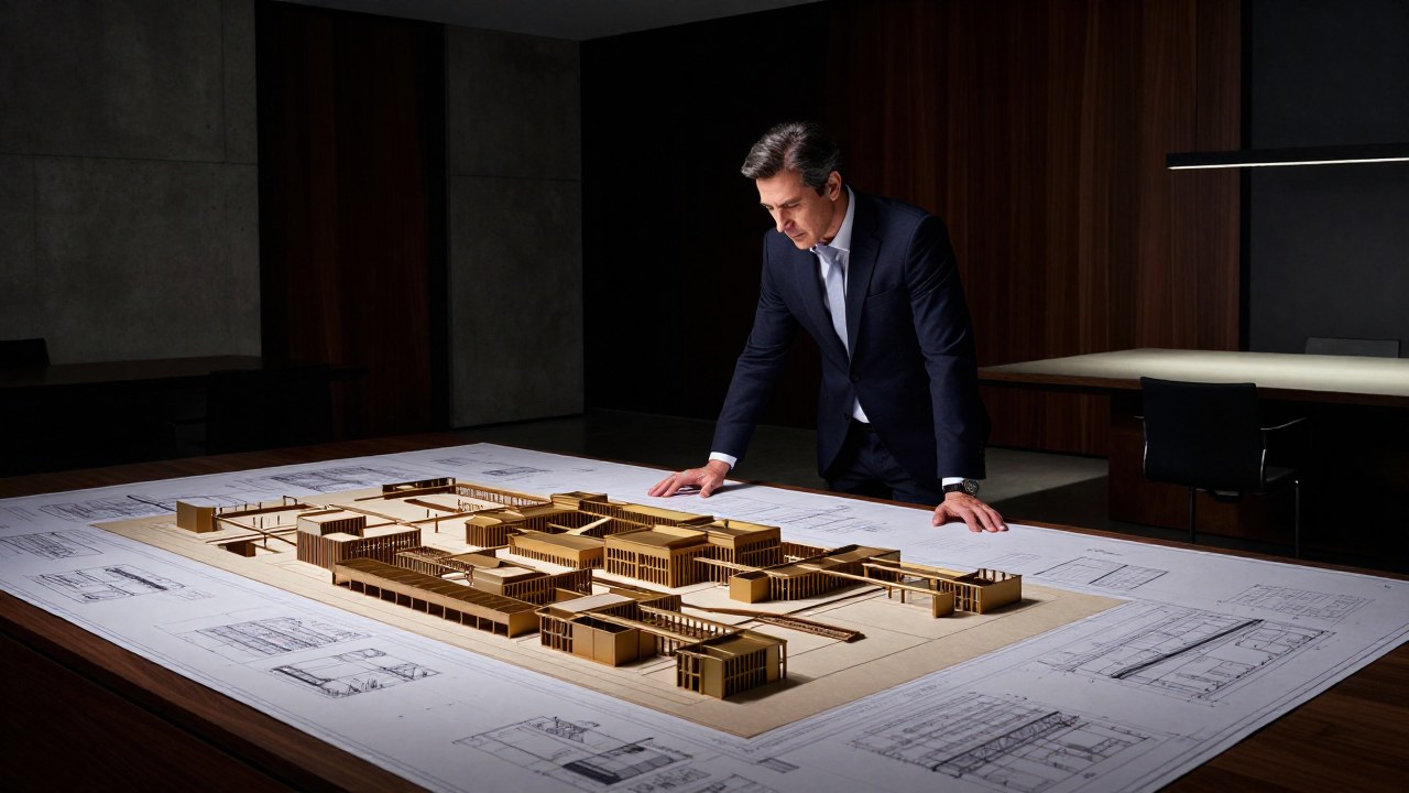 Ejecutivo supervisa un complejo modelo arquitectónico en un entorno de oficina minimalista y sofisticado.