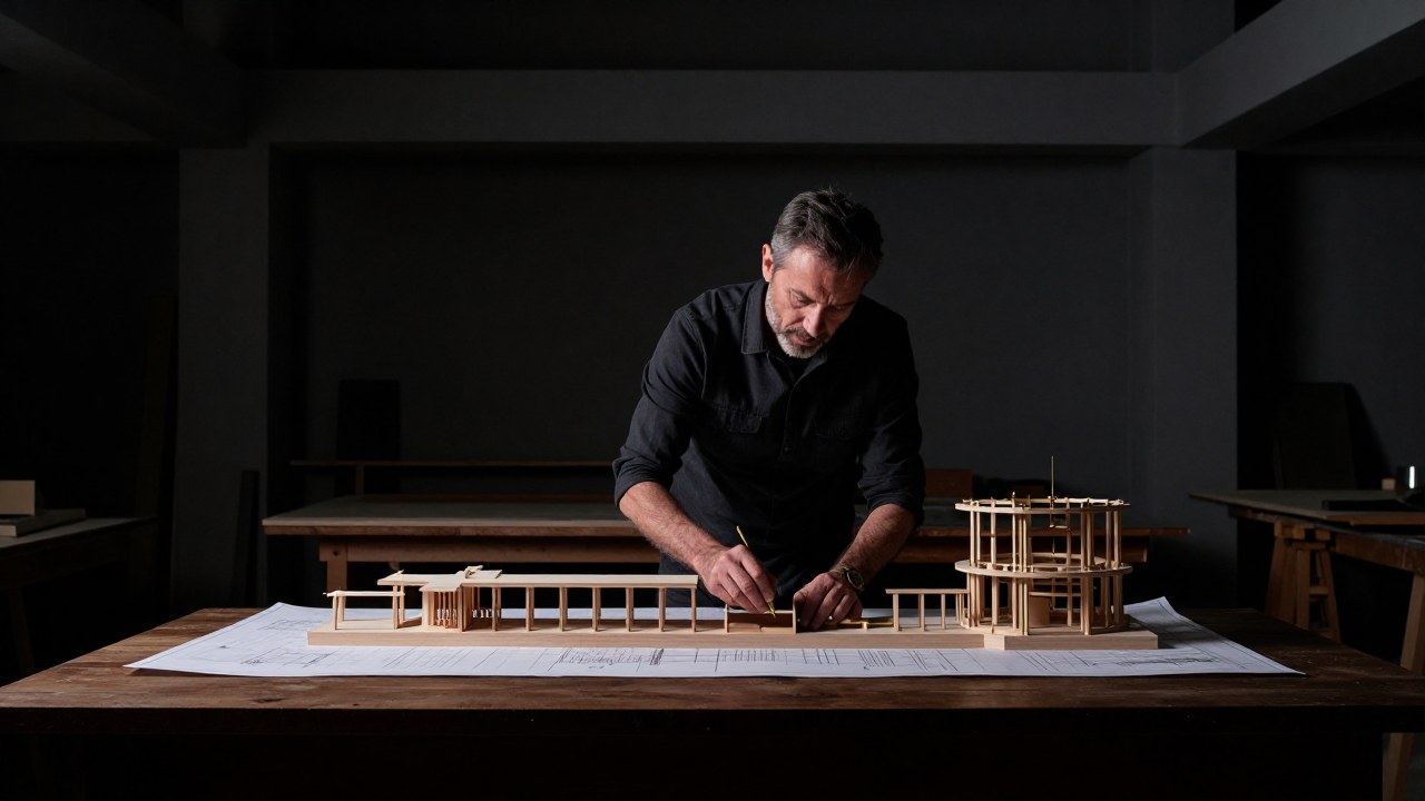 Profesional enfocado en trabajar meticulosamente en un modelo estructural complejo sobre un banco de madera.