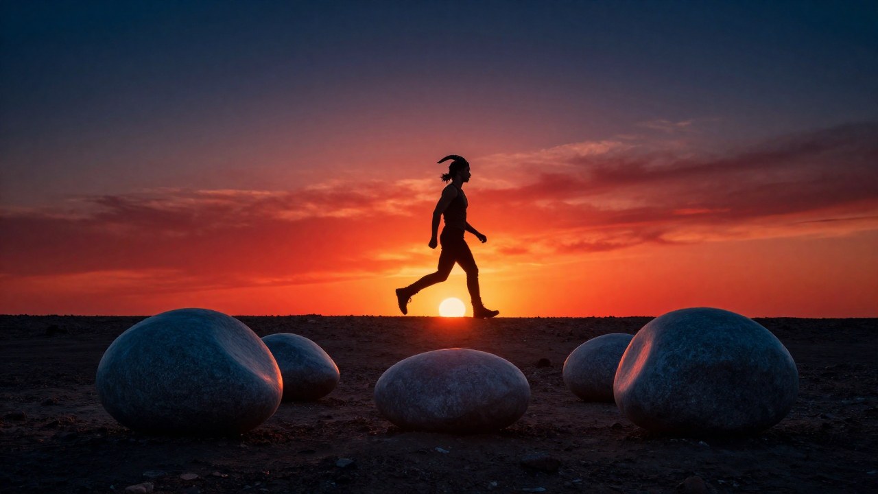 Una figura solitaria avanza en un vasto paisaje al atardecer, mirando hacia el horizonte.