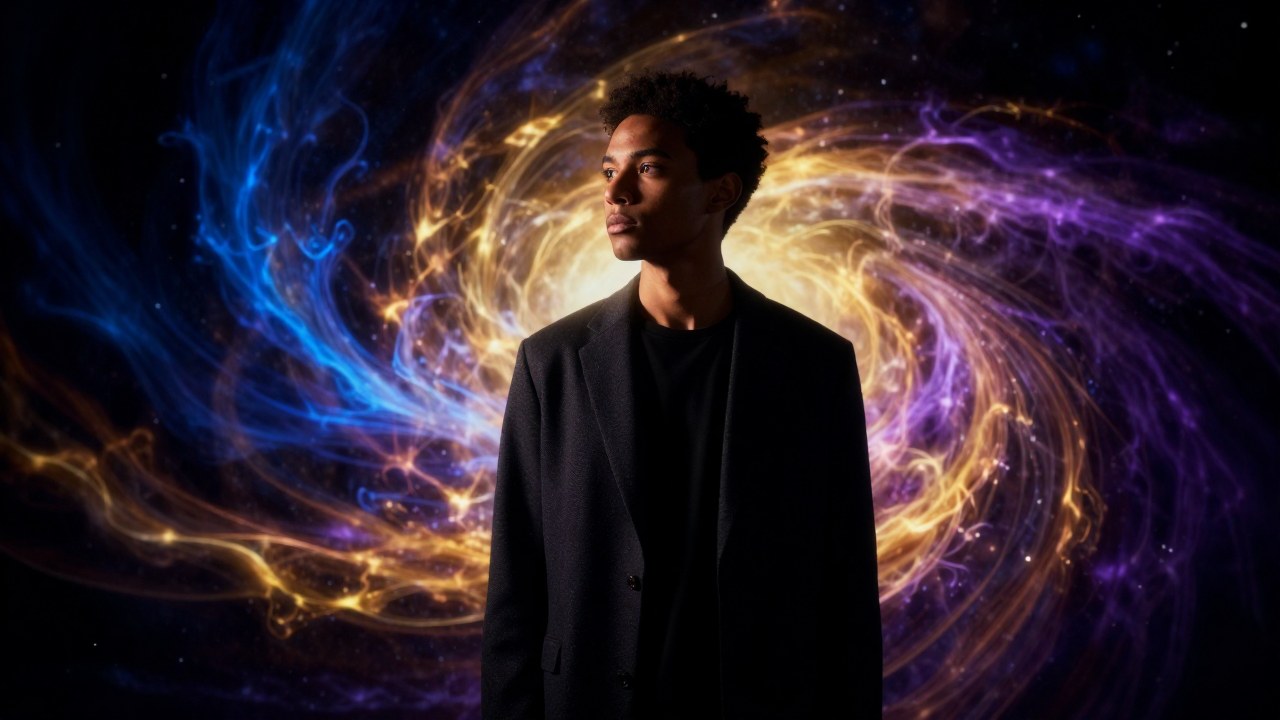 Persona contemplativa rodeada de energías celestiales vibrantes que simbolizan la identidad personal.