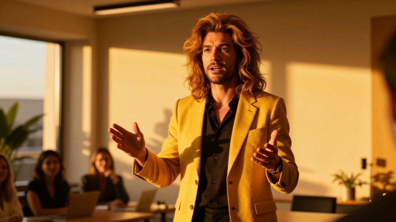 Individuo confiado dirige una presentación dinámica en un entorno profesional y bien iluminado.