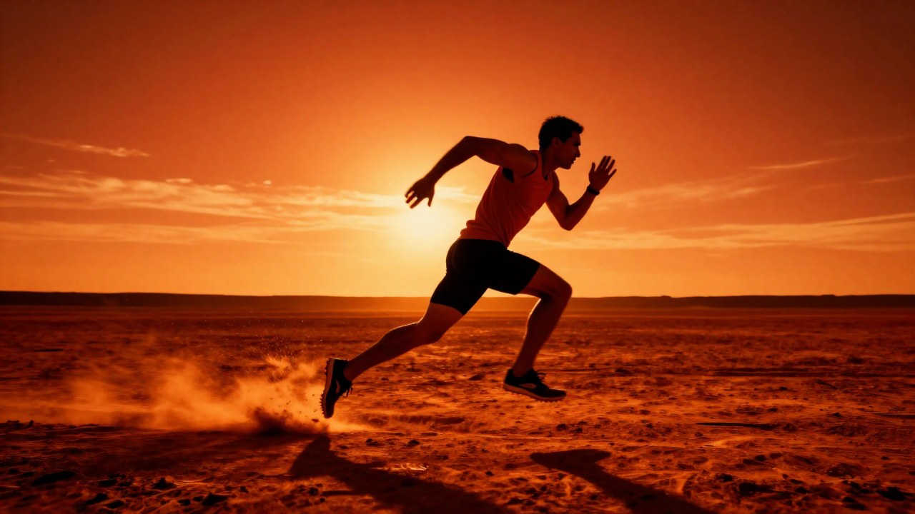 Atleta en plena carrera en un vasto paisaje abierto y árido.