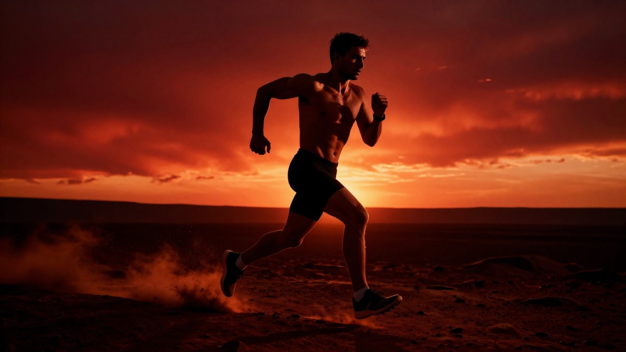 Atleta concentrado corre con fuerza a través de un terreno árido y dramático bañado en tonos rojos intensos.