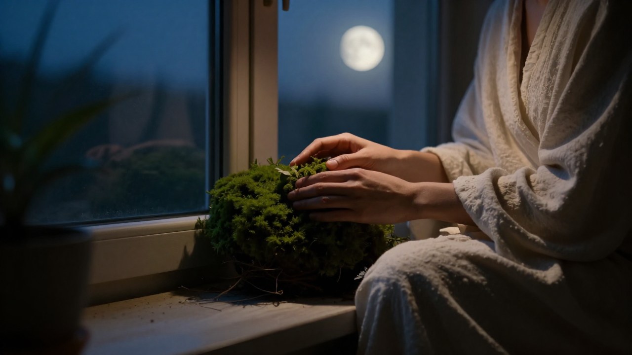 Una figura cuida con delicadeza una pequeña planta o criatura frágil en un entorno de calma.