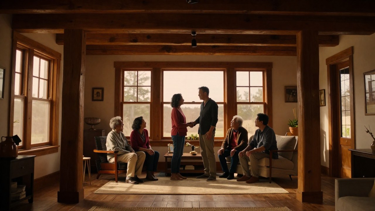 Familia multigeneracional en un interior sólido de casa, compartiendo un momento de calma y profunda conexión.