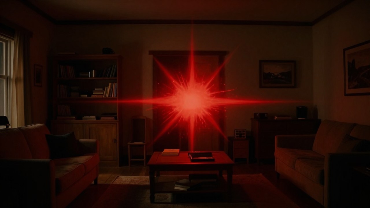 Energía roja intensa irrumpe en un interior doméstico tranquilo, creando una fuerte tensión contra la calma del hogar.
