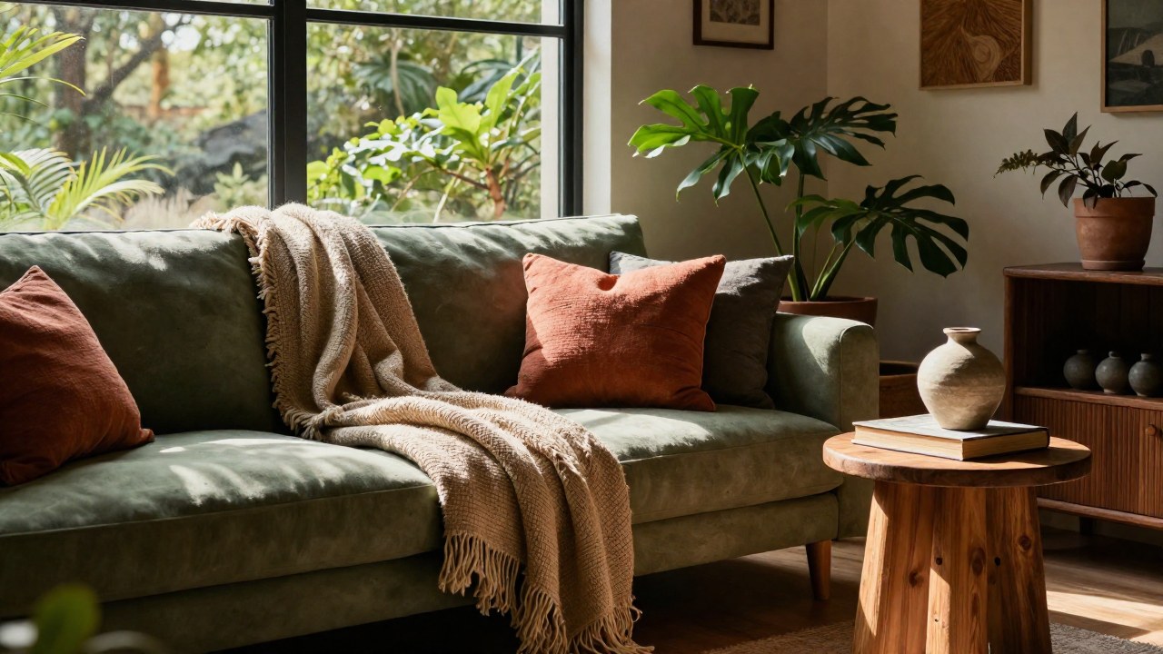 Rincón de sala de estar con un sofá de tonos tierra, plantas y elementos de madera y textiles naturales.