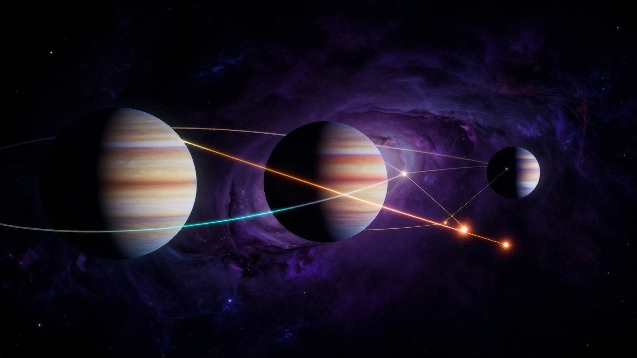 Representación conceptual de planetas en el espacio, unidos por líneas de energía que simbolizan alineaciones astrológicas.