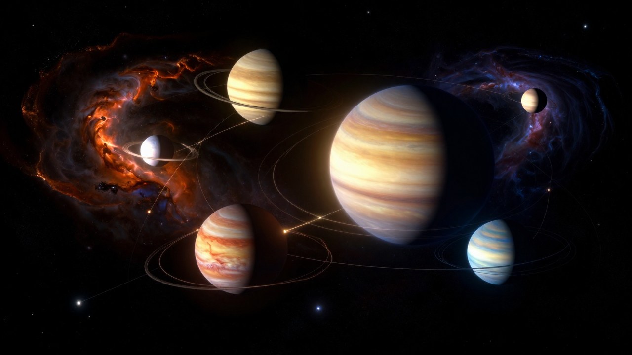 Planetas y nebulosas en el espacio interactúan mediante flujos de luz, representando aspectos astrológicos.