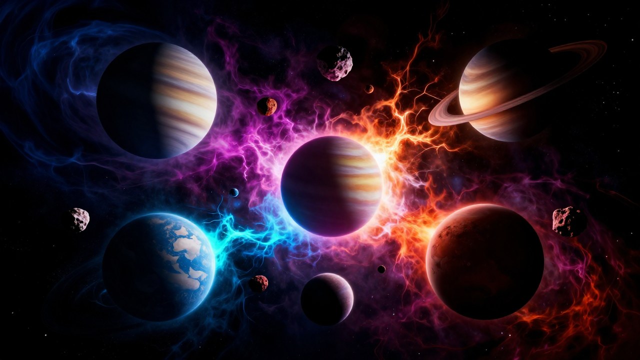 Cuerpos celestes en el espacio profundo en tensión dinámica, ilustrando complejas relaciones planetarias.