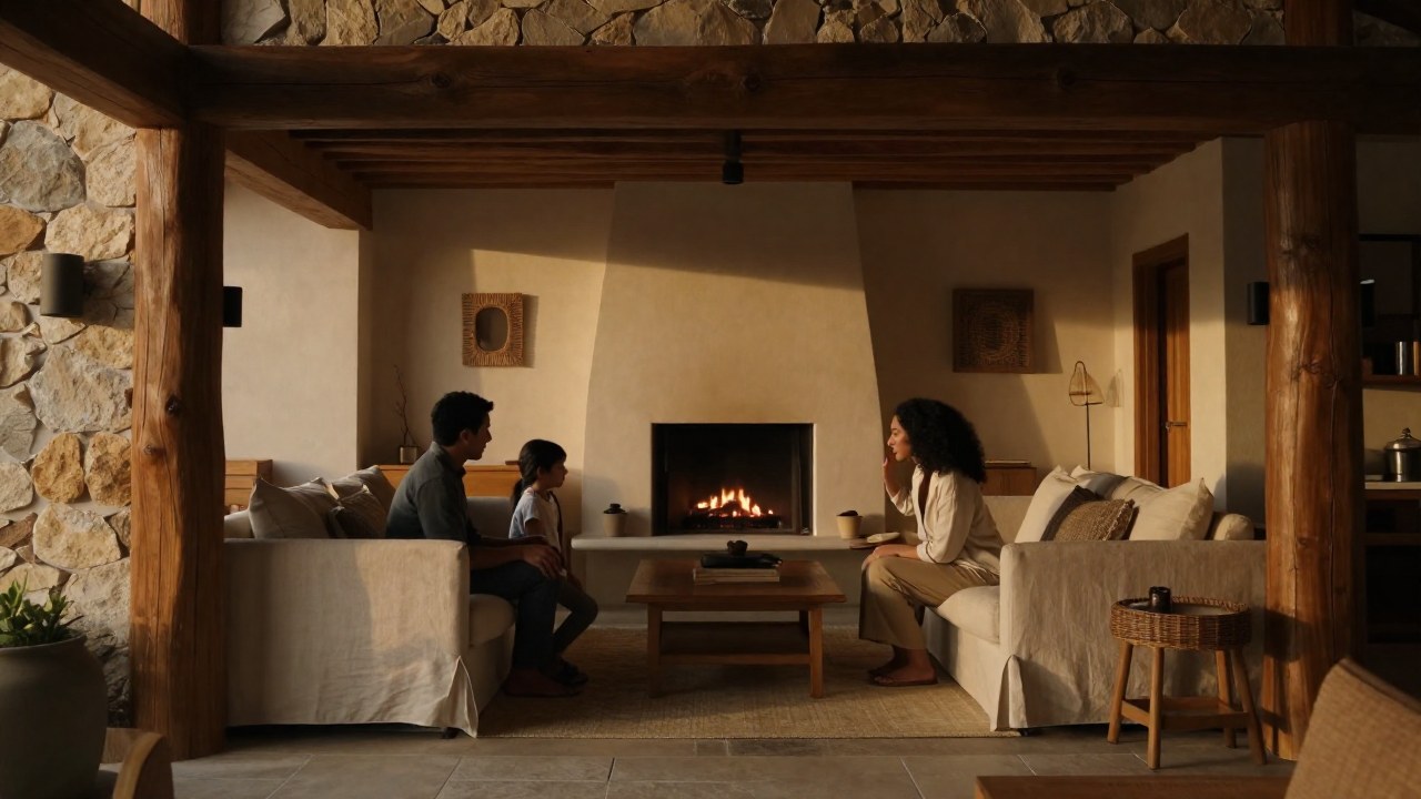 Una pareja o familia interactúa en un acogedor hogar lleno de materiales naturales que simbolizan estabilidad.