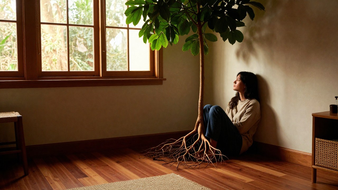Persona acurrucada en un rincón sereno de un hogar, junto a una gran planta de interior.