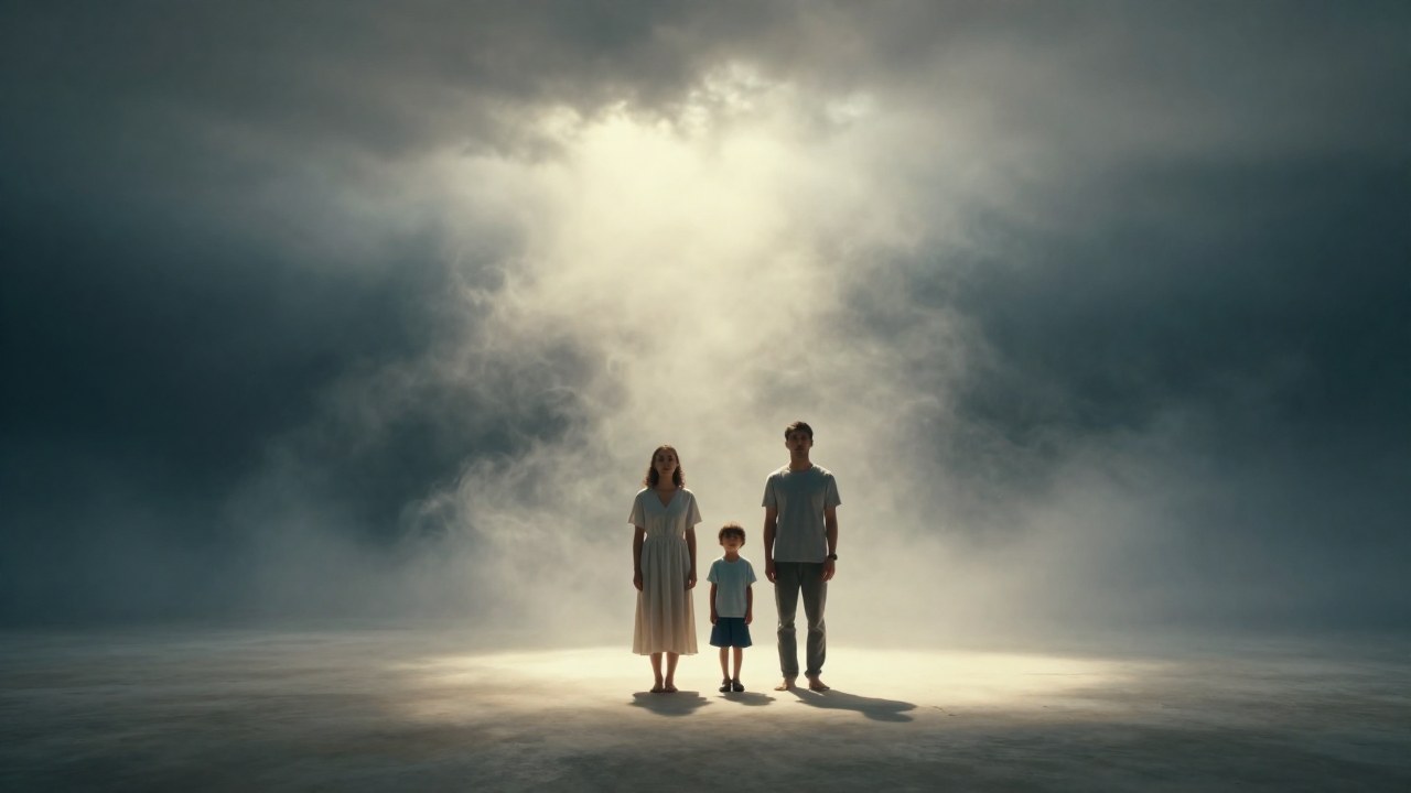 Familia en un espacio amplio, observando cómo la luz brillante disipa las sombras emocionales.
